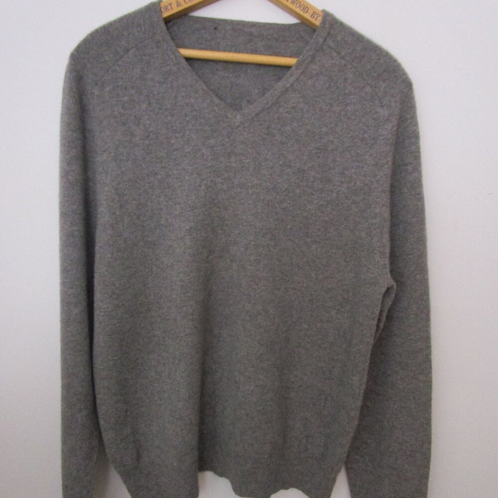 CASHMERE Heather Gray V Neck Pullover Sweater Classic Raglan Saddle Shoul